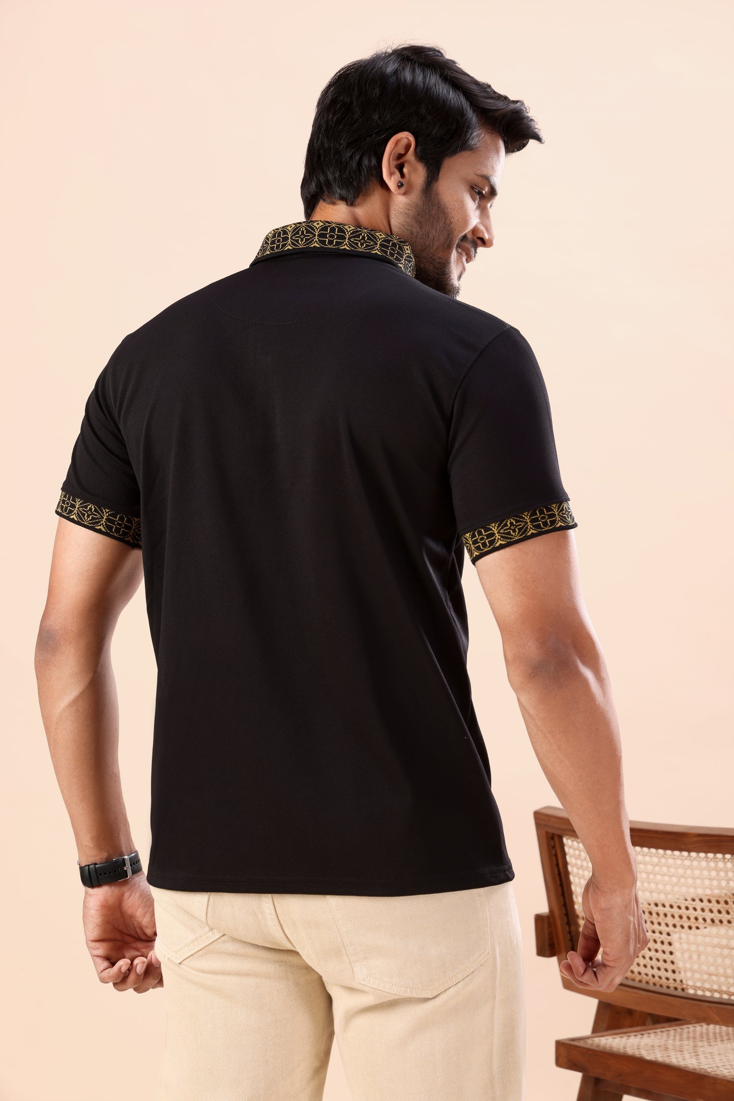 Evenway Men's Premium Black Polo with Gold Printed Collar