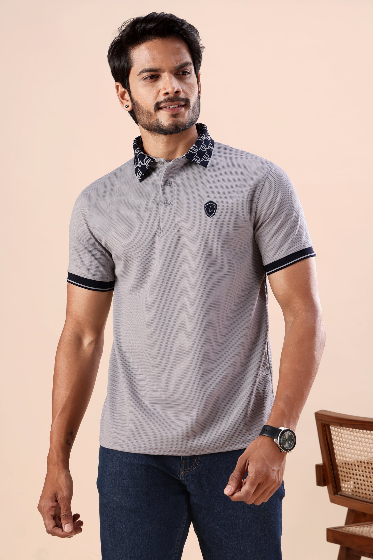Evenway Men's Light Grey Textured Polo with Printed Collar