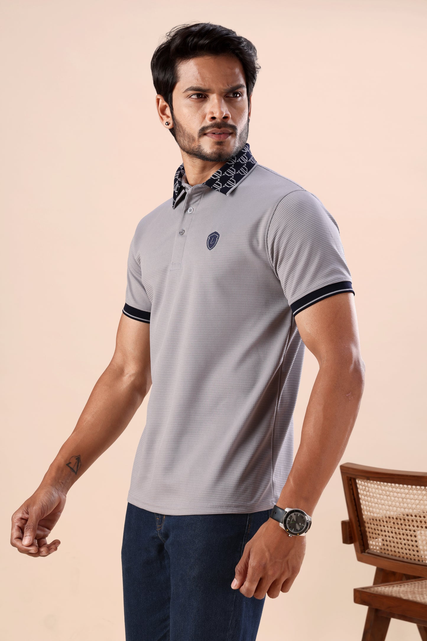 Evenway Men's Light Grey Textured Polo with Printed Collar