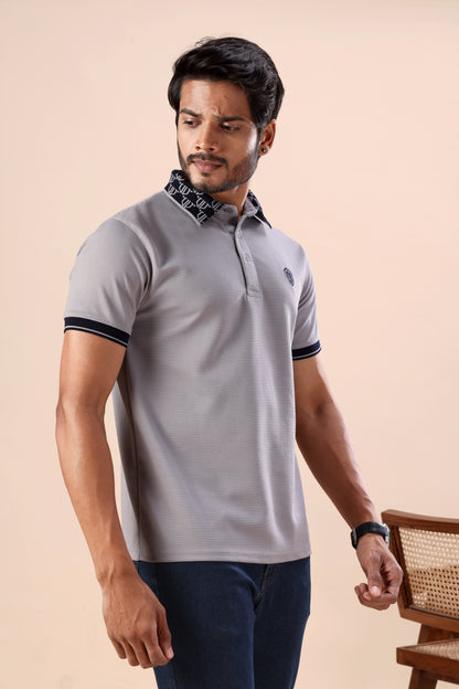 Evenway Men's Light Grey Textured Polo with Printed Collar