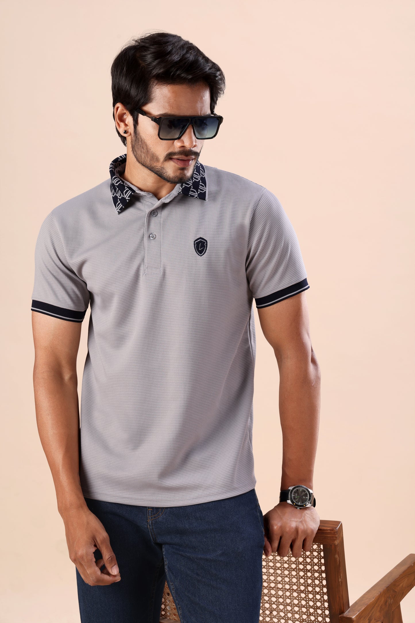 Evenway Men's Light Grey Textured Polo with Printed Collar