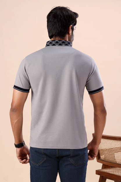 Evenway Men's Light Grey Textured Polo with Printed Collar