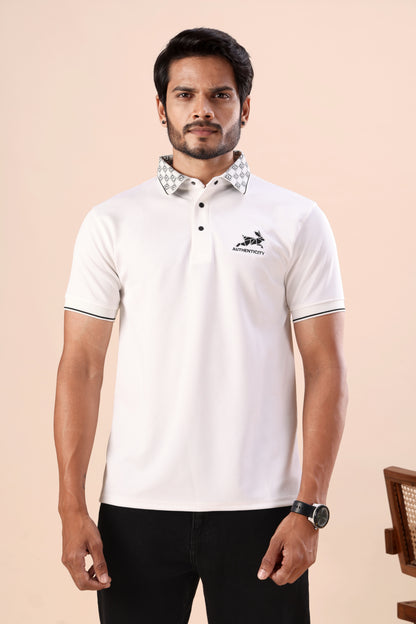 Evenway Men's Premium White Polo with Printed Collar Design