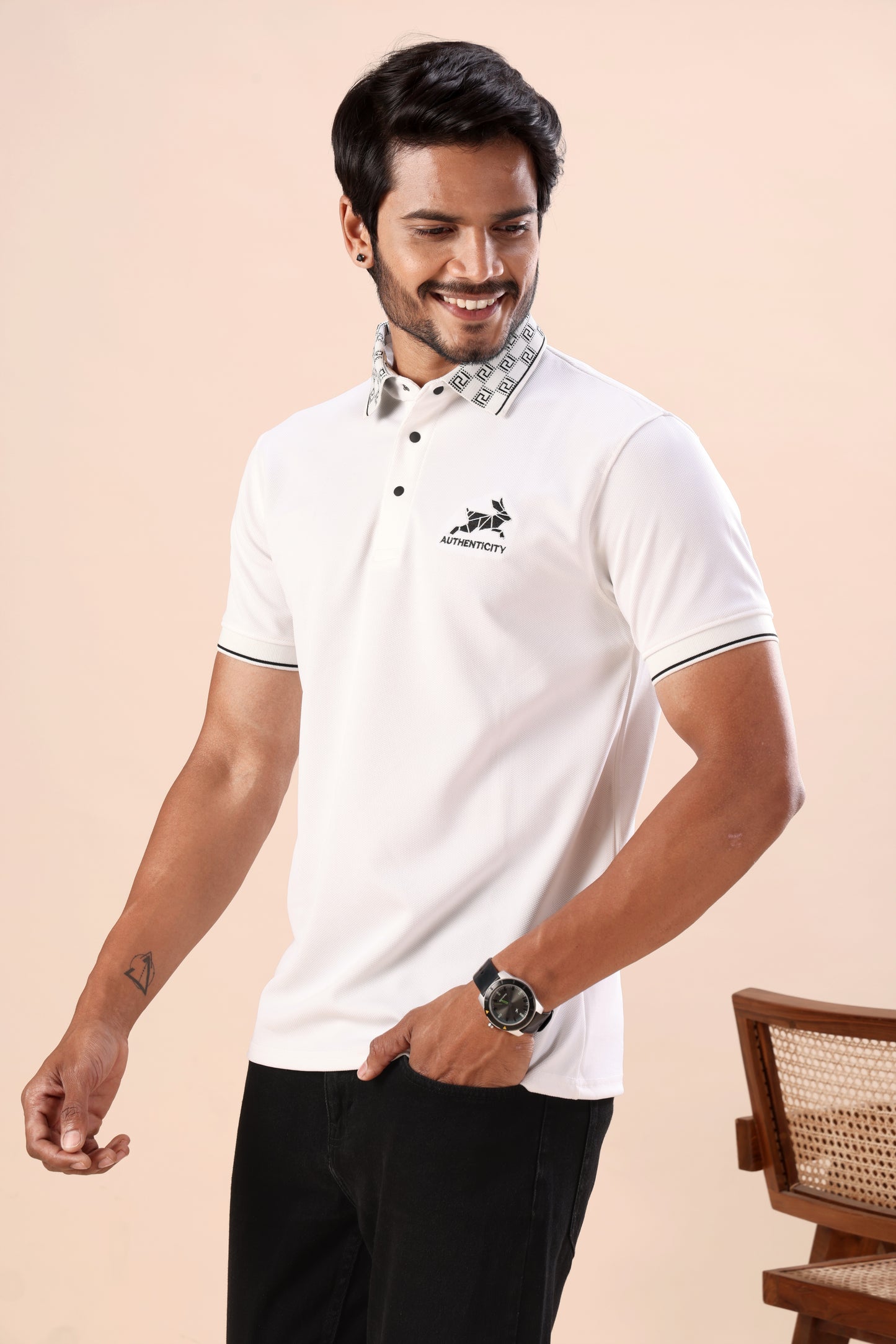 Evenway Men's Premium White Polo with Printed Collar Design