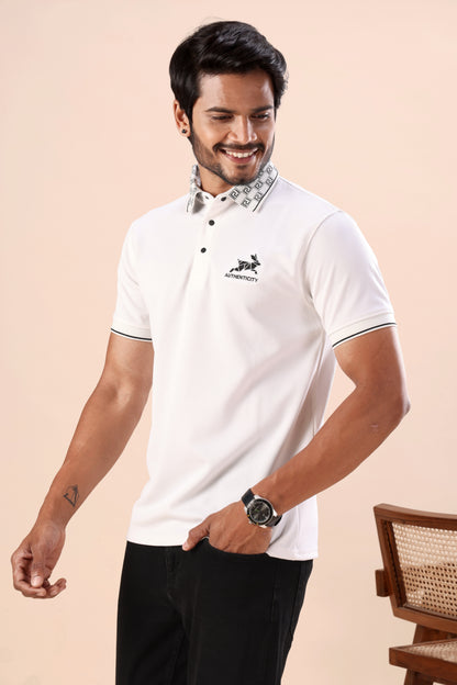 Evenway Men's Premium White Polo with Printed Collar Design