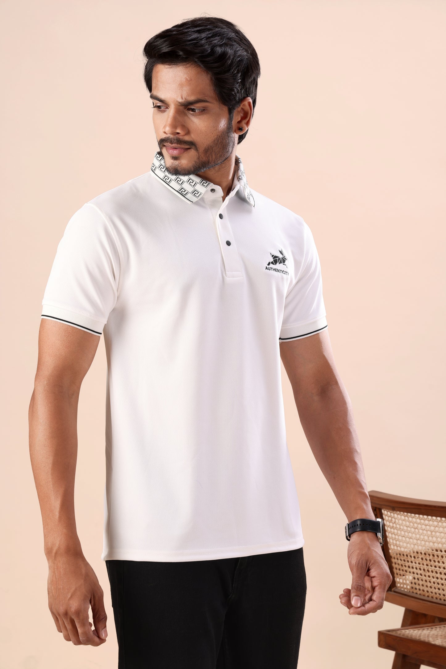 Evenway Men's Premium White Polo with Printed Collar Design