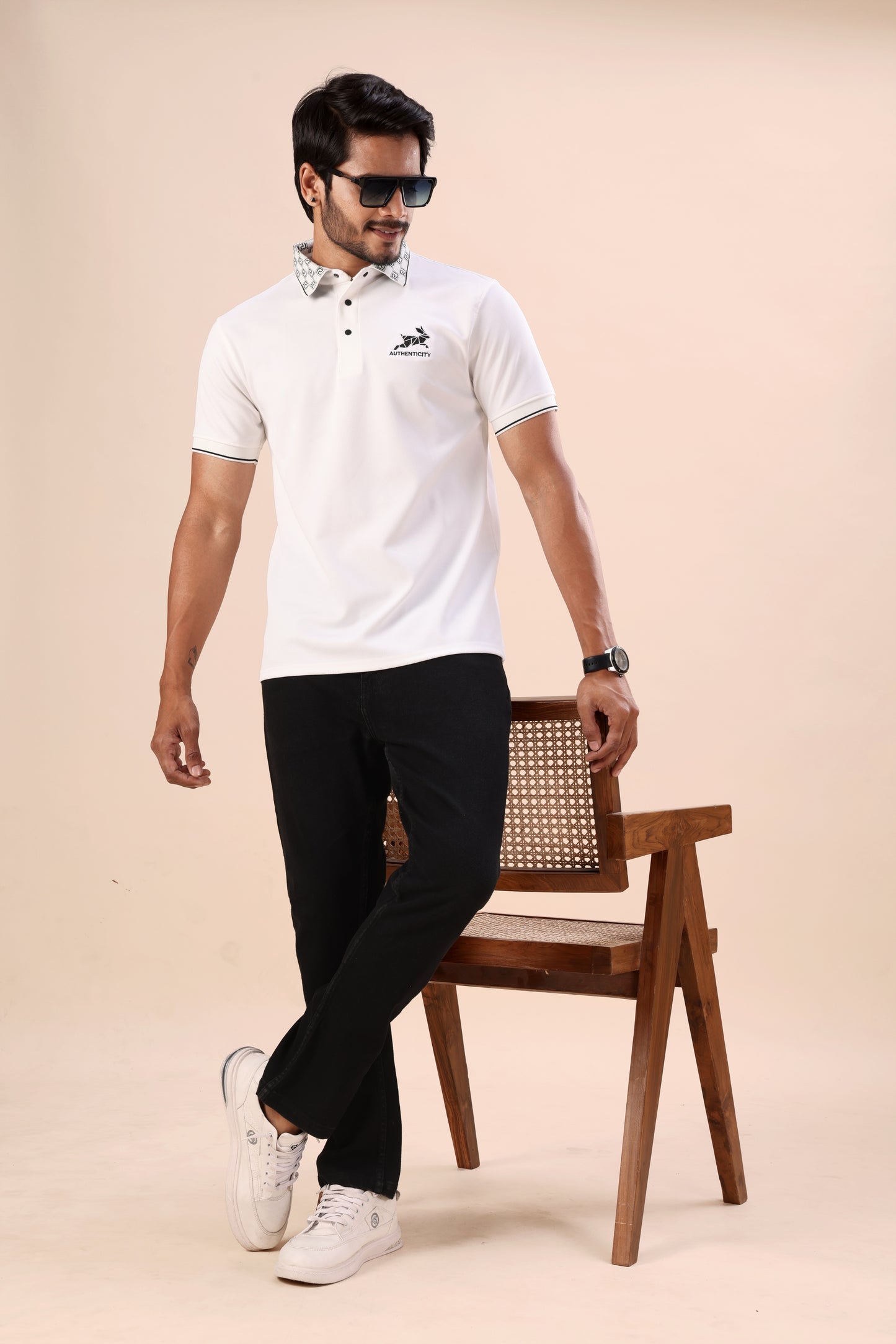 Evenway Men's Premium White Polo with Printed Collar Design
