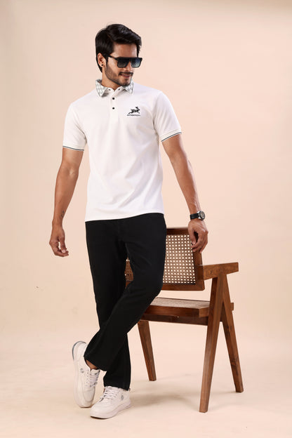 Evenway Men's Premium White Polo with Printed Collar Design