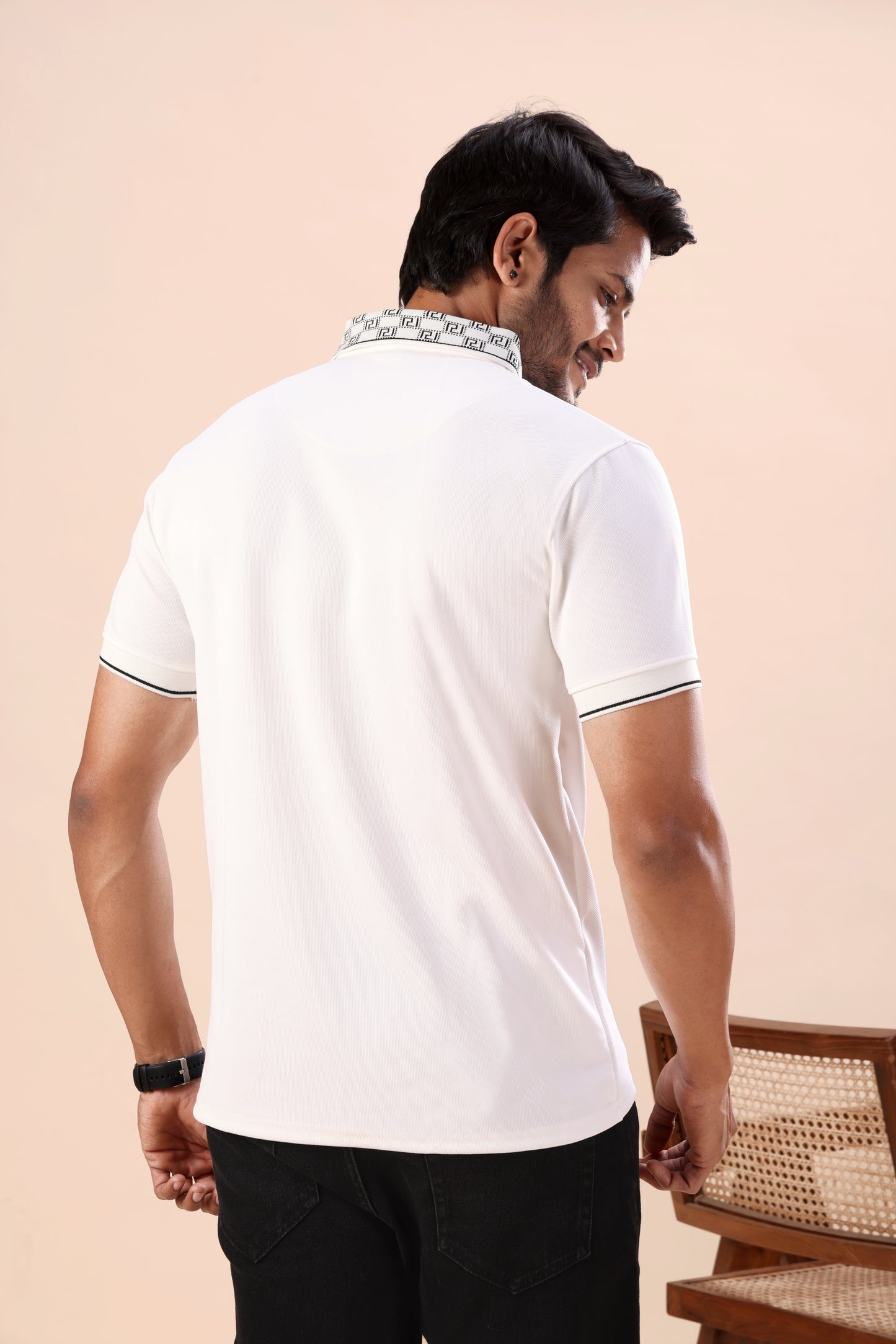 Evenway Men's Premium White Polo with Printed Collar Design