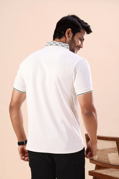 Evenway Men's Premium White Polo with Printed Collar Design