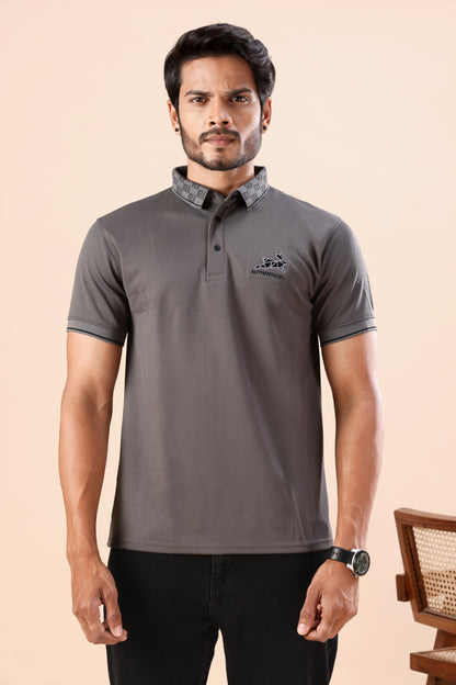 Evenway Men's Premium Charcoal Grey Polo with Printed Collar