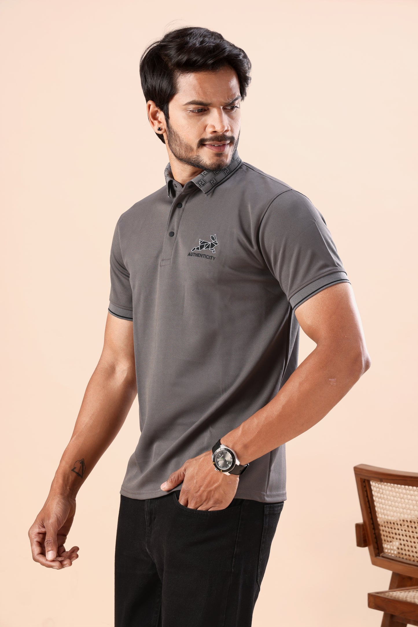 Evenway Men's Premium Charcoal Grey Polo with Printed Collar