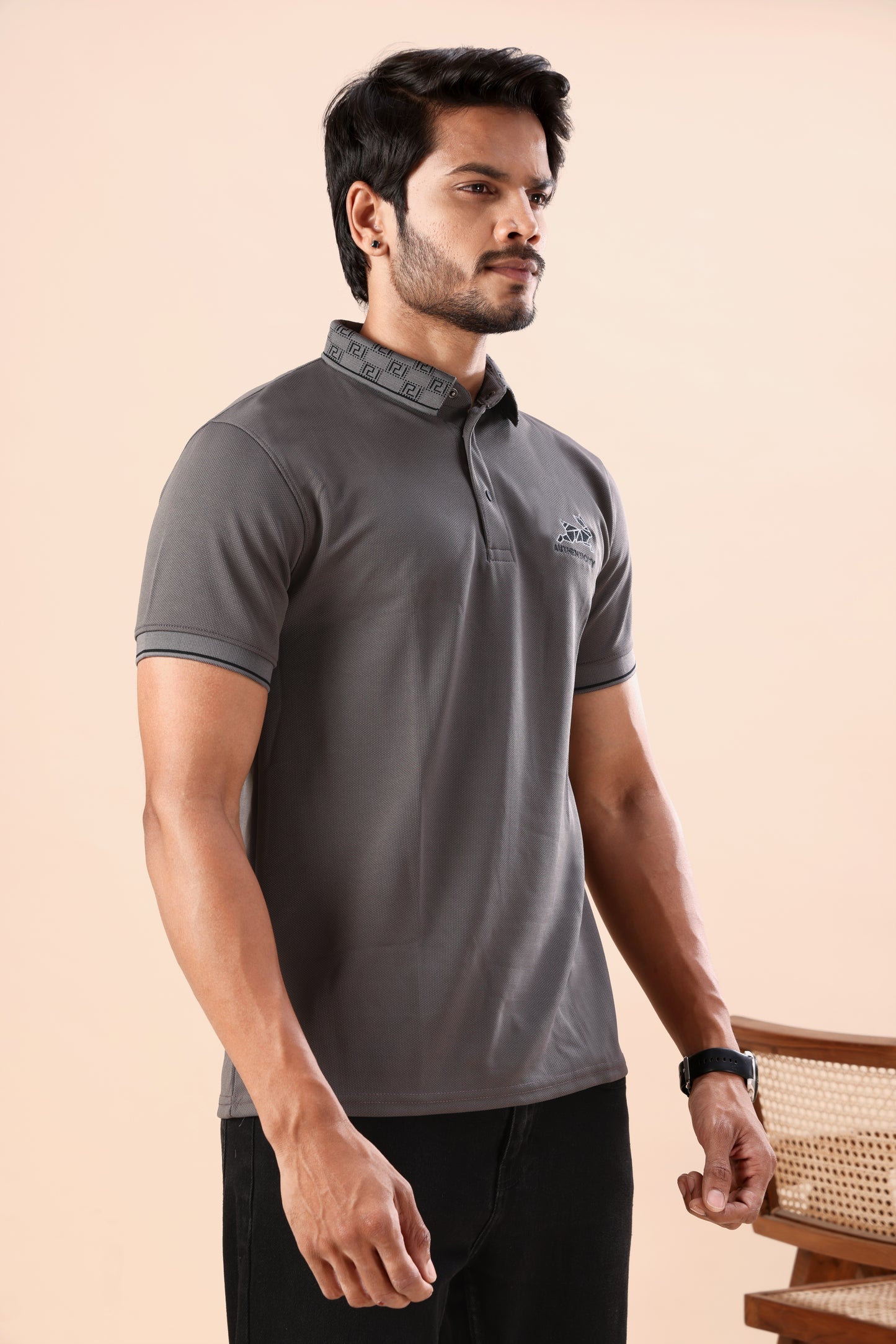 Evenway Men's Premium Charcoal Grey Polo with Printed Collar