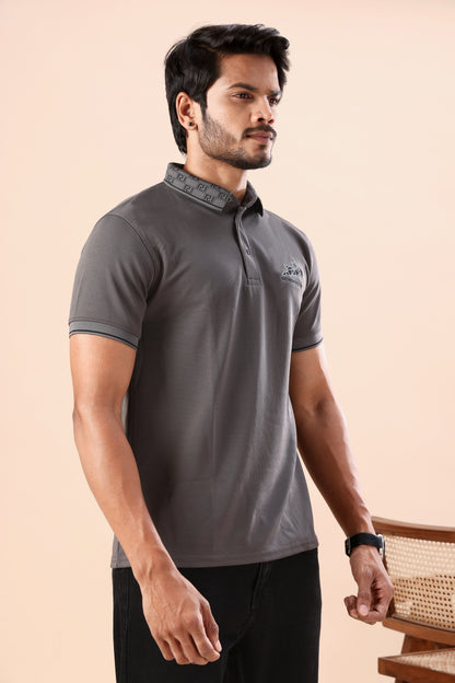 Evenway Men's Premium Charcoal Grey Polo with Printed Collar