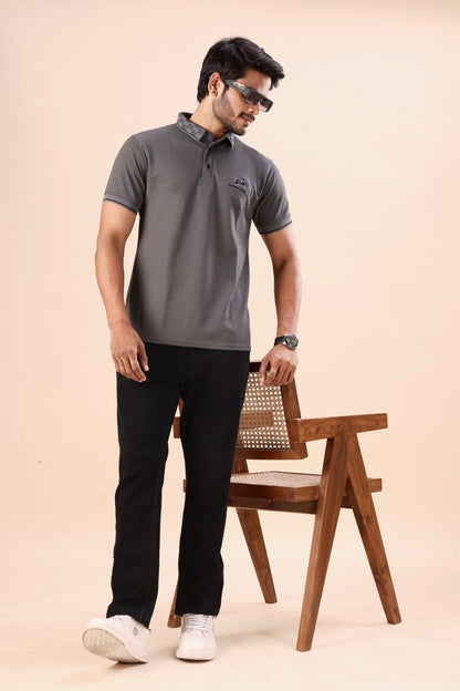 Evenway Men's Premium Charcoal Grey Polo with Printed Collar