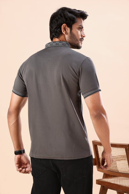 Evenway Men's Premium Charcoal Grey Polo with Printed Collar