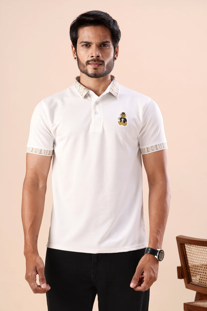 Evenway Men's Premium White Polo with Designer Printed Collar