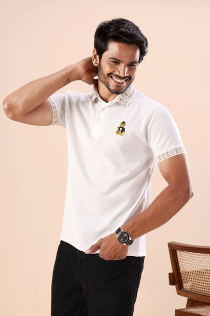 Evenway Men's Premium White Polo with Designer Printed Collar