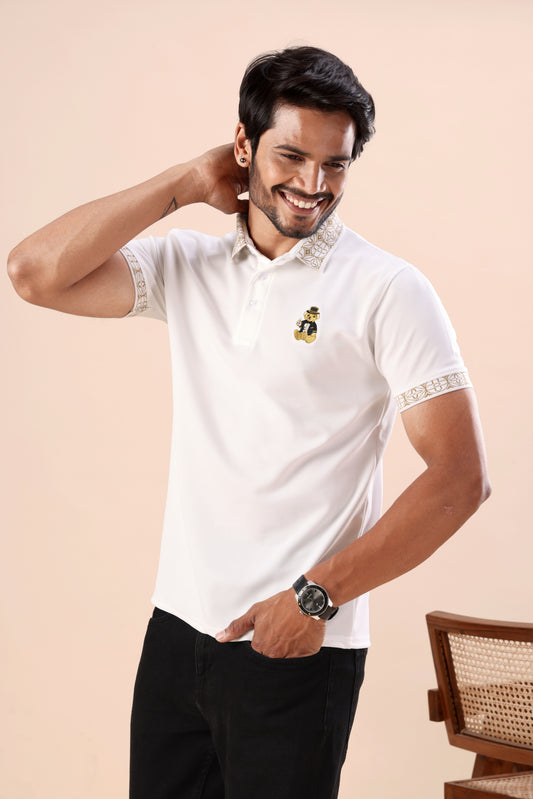 Evenway Men's Premium White Polo with Designer Printed Collar