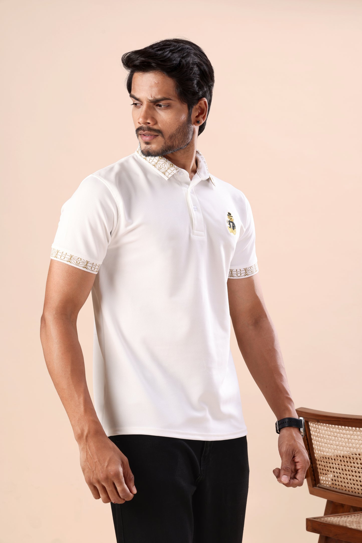 Evenway Men's Premium White Polo with Designer Printed Collar