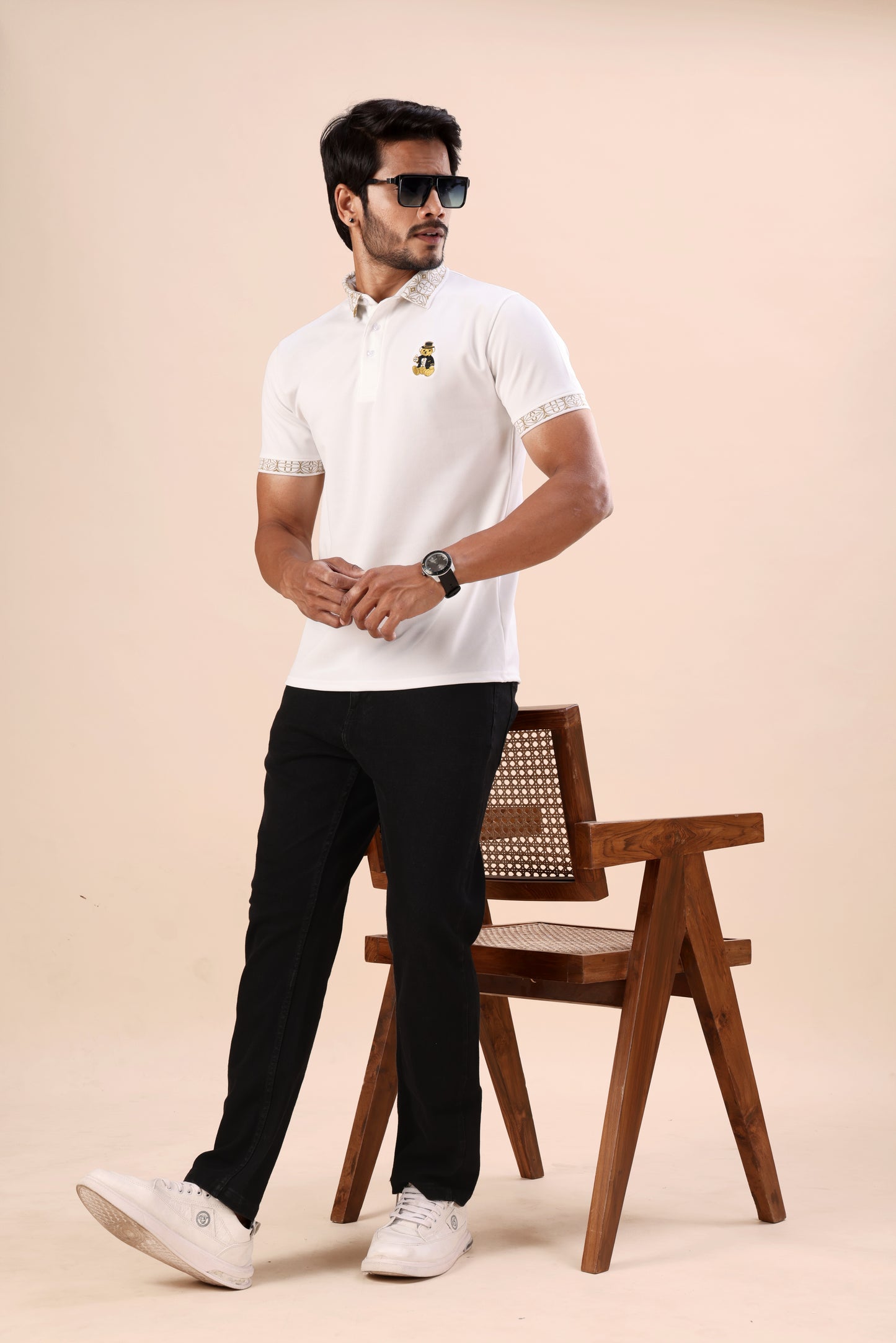 Evenway Men's Premium White Polo with Designer Printed Collar
