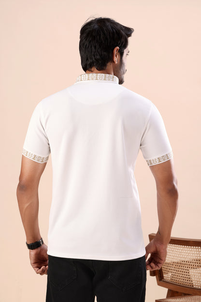 Evenway Men's Premium White Polo with Designer Printed Collar