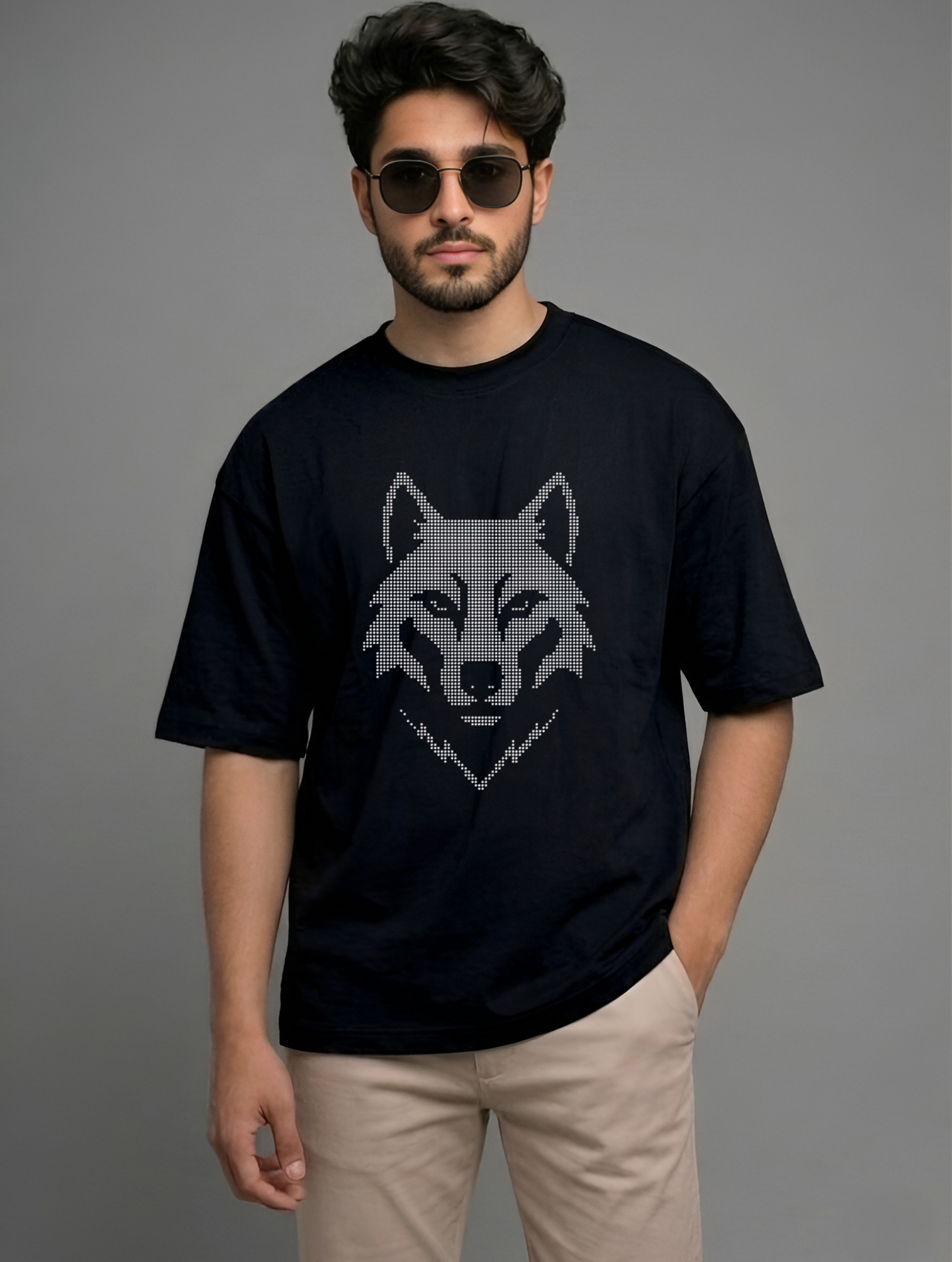 Evenway Shadow Wolf Graphic T-Shirt Minimalist Dotted Tee
