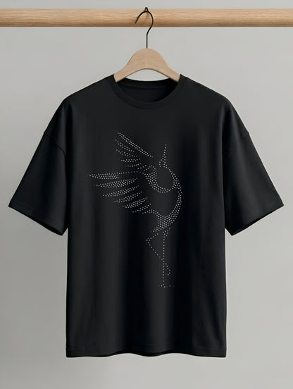 Evenway Crystal Crane Black Oversized Luxury Graphic T-Shirt
