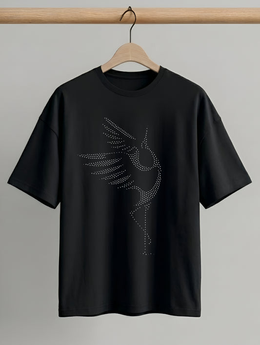 Evenway Crystal Crane Black Oversized Artwork Tee | Luxury Embellished Graphic T-Shirt