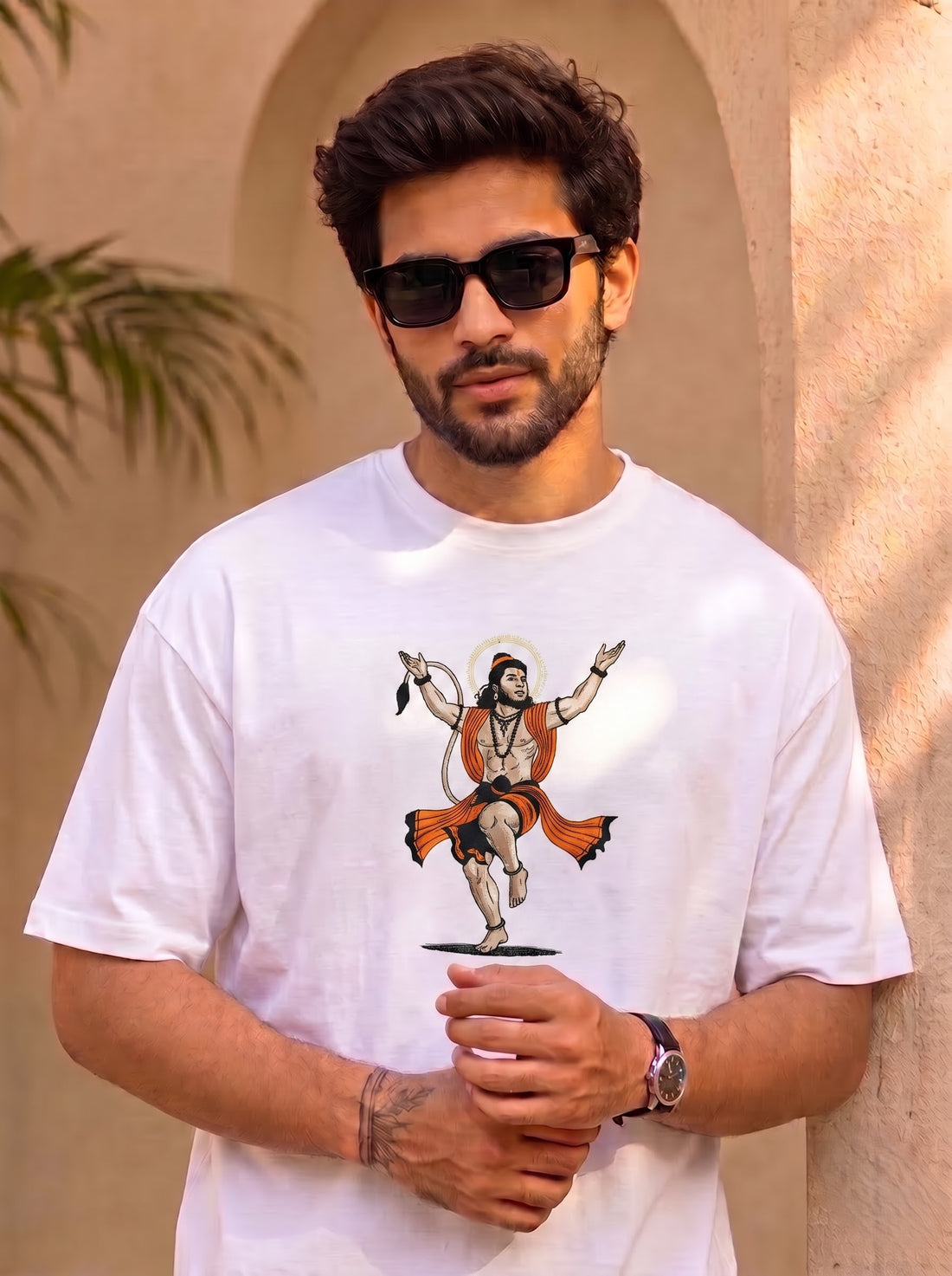 Lord Hanuman Embroidered White Cotton T-Shirt