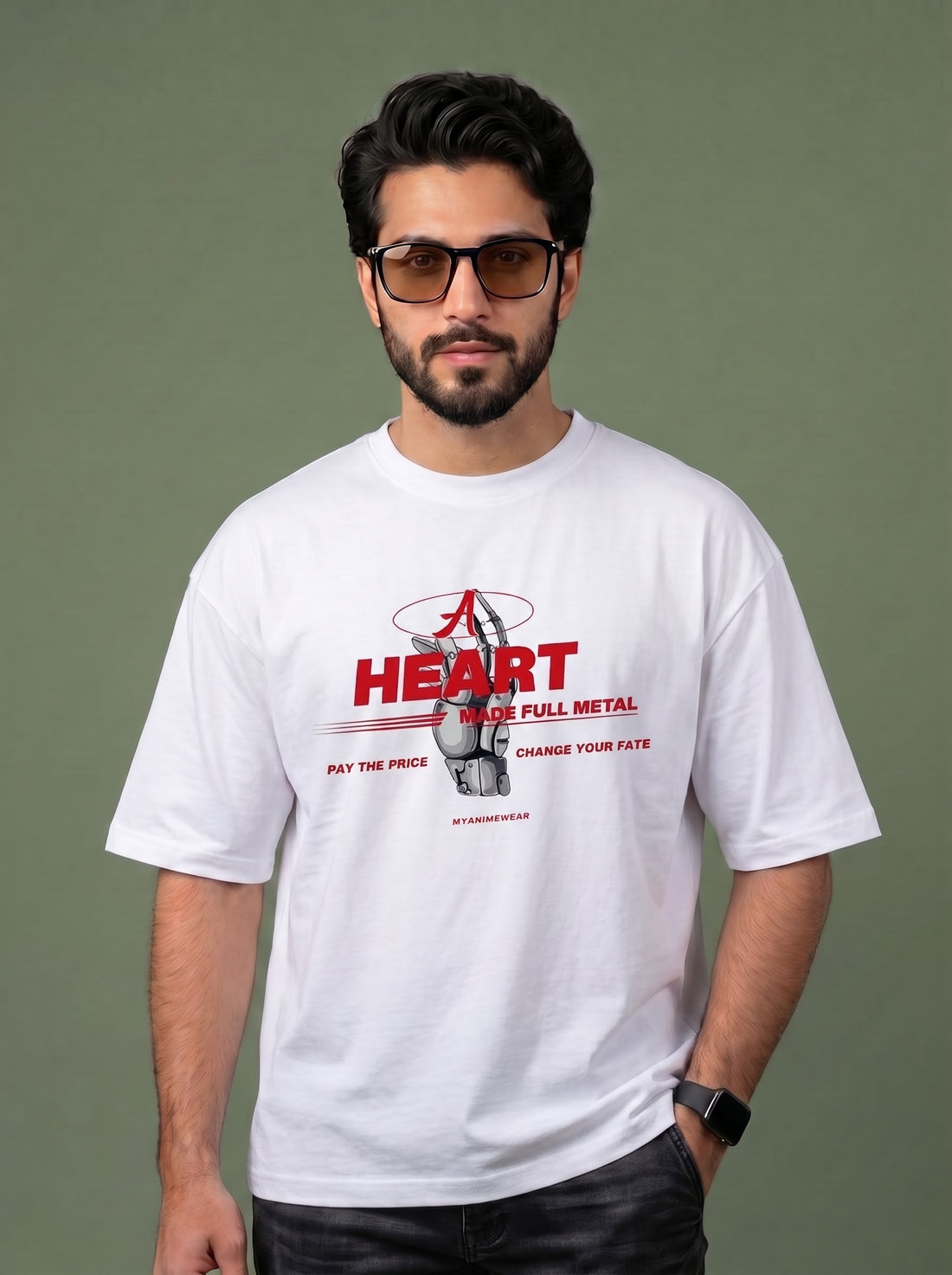 Anime Graphic Oversized T-Shirt | Metal Heart White Tee
