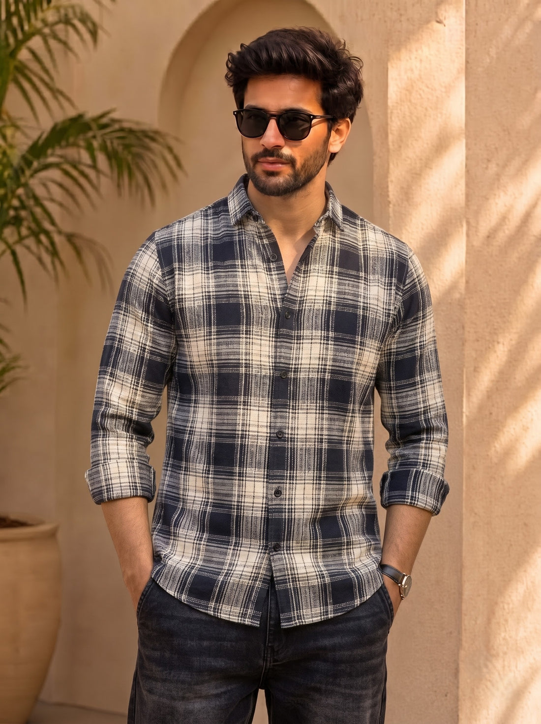 Men's Black & Off-White Plaid Check Casual Shirt | Button-Down