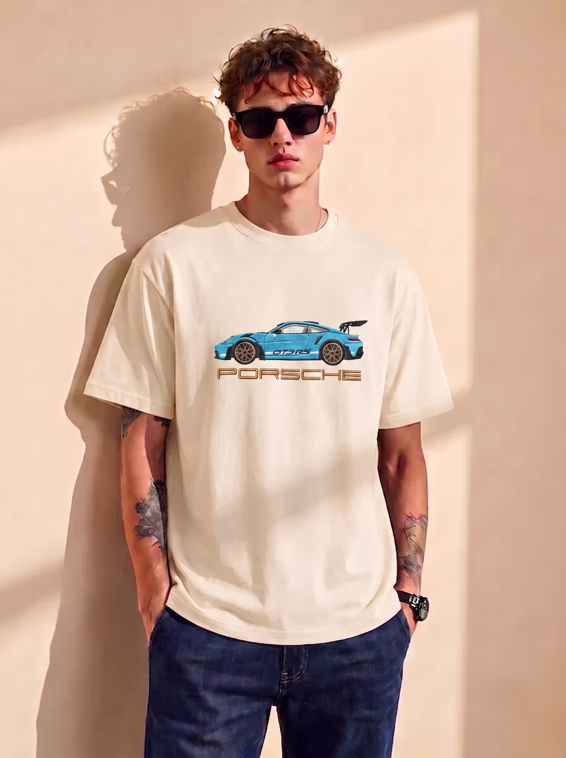 Beige Sports Car Graphic Print Cotton T-Shirt | Casual Tee