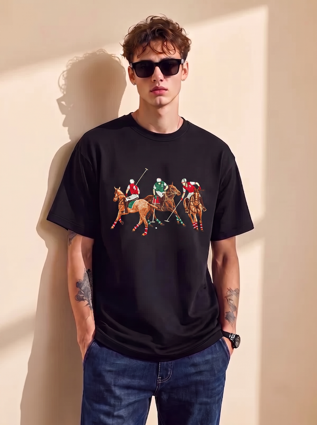 Black Embroidered Polo Player Oversized T-Shirt | Streetwear