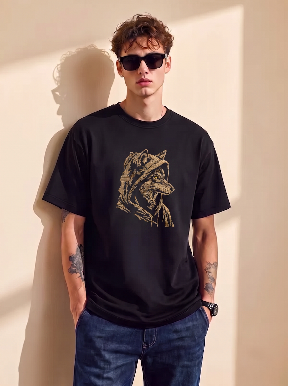 Black Embroidered Wolf Oversized T-Shirt | 240 GSM