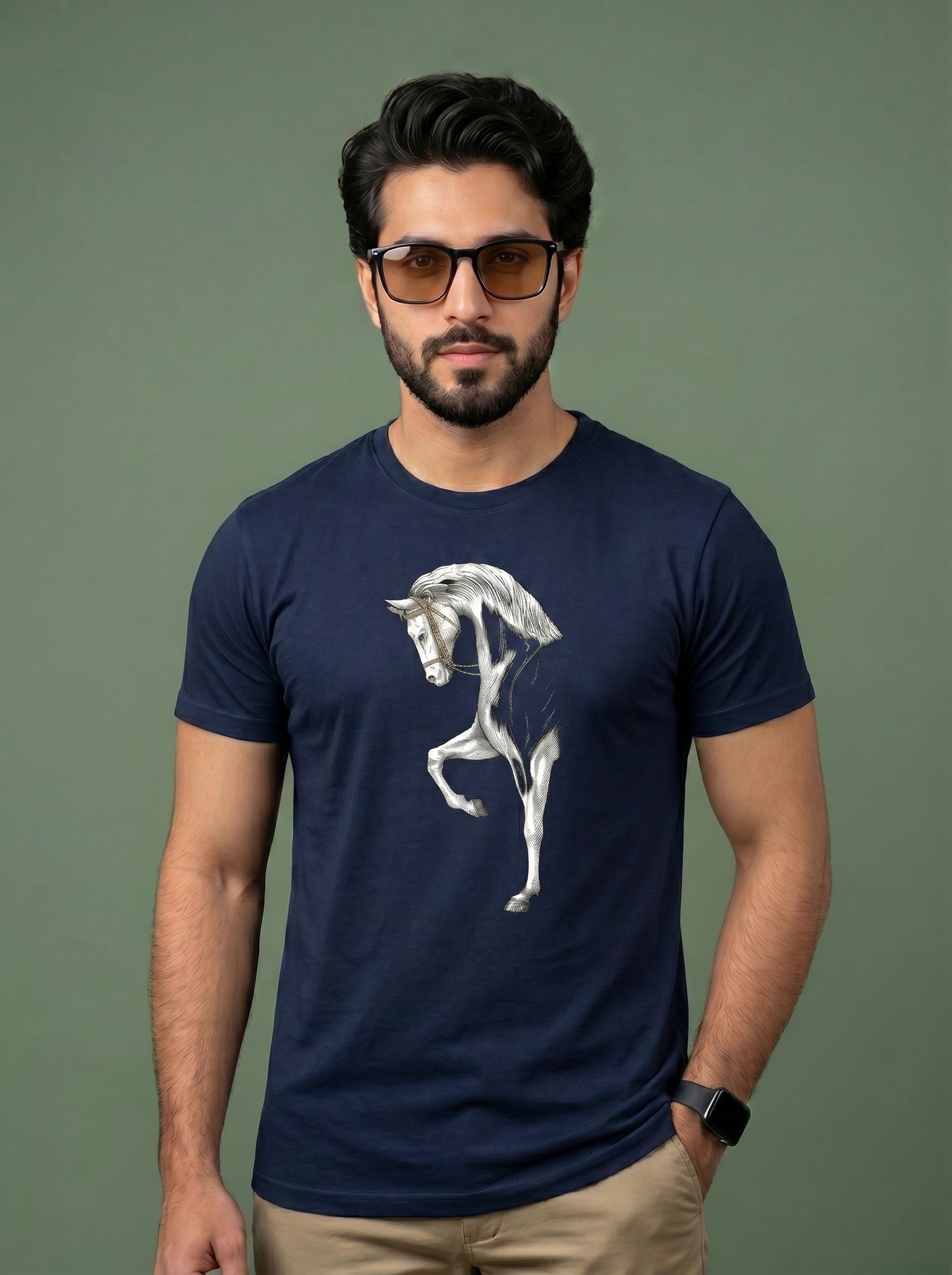 Men's Premium T-Shirt with Artistic White Horse Graphic Print | Stylish Cotton Tee
