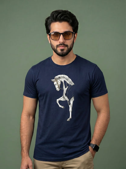 Men's Premium T-Shirt with Artistic White Horse Graphic Print | Stylish Cotton Tee