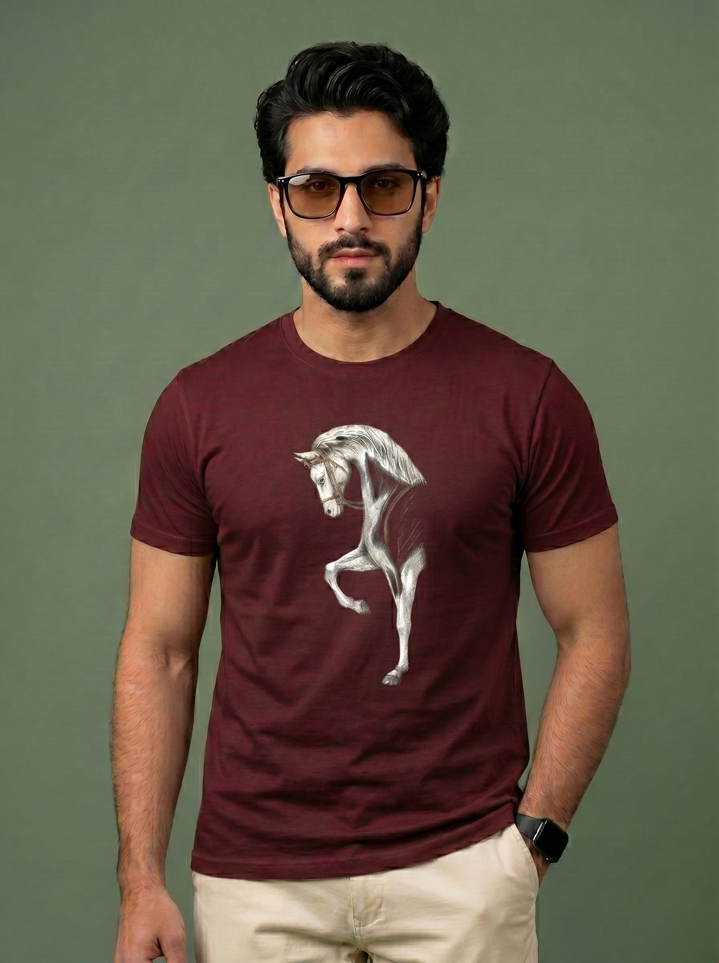 Men's Premium T-Shirt with Artistic White Horse Graphic Print | Stylish Cotton Tee