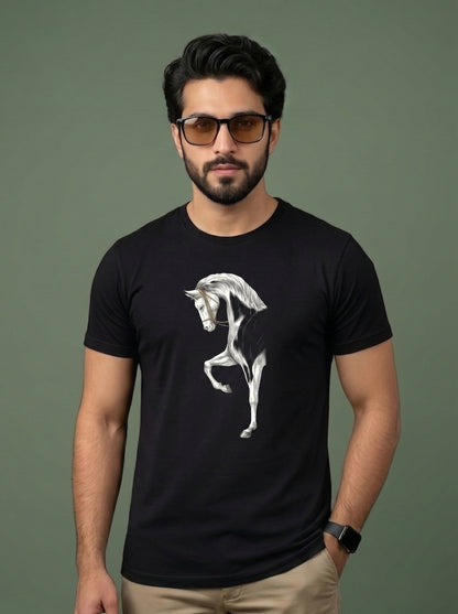 Men's Premium T-Shirt with Artistic White Horse Graphic Print | Stylish Cotton Tee