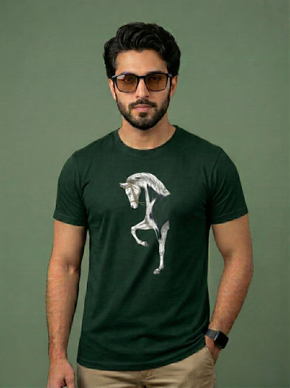 Men's Premium T-Shirt with Artistic White Horse Graphic Print | Stylish Cotton Tee