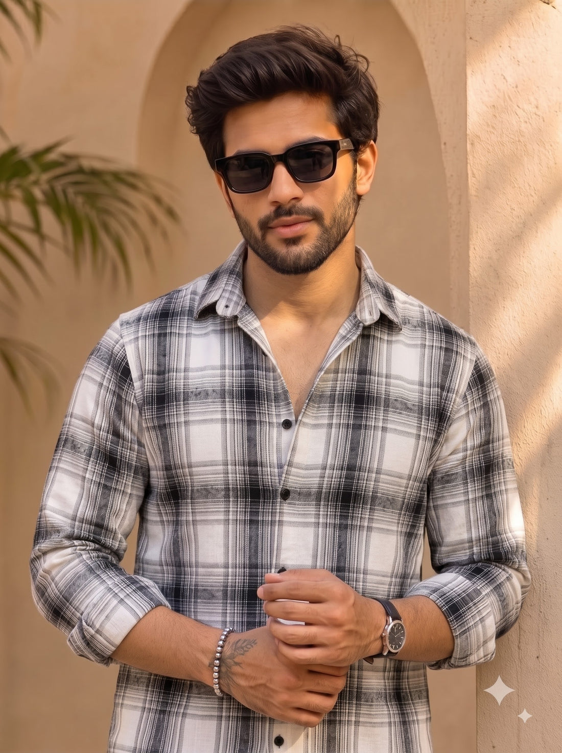 Men's Black & White Plaid Flannel Long Sleeve Casual Shirt