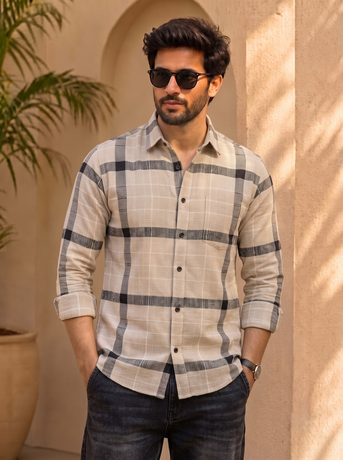 Men's Beige & Black Check Casual Shirt | Long Sleeve Button-Down