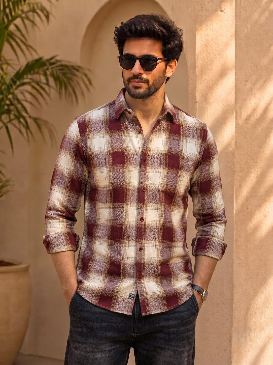 Men's Maroon & Off-White Plaid Check Casual Shirt | Button-Down