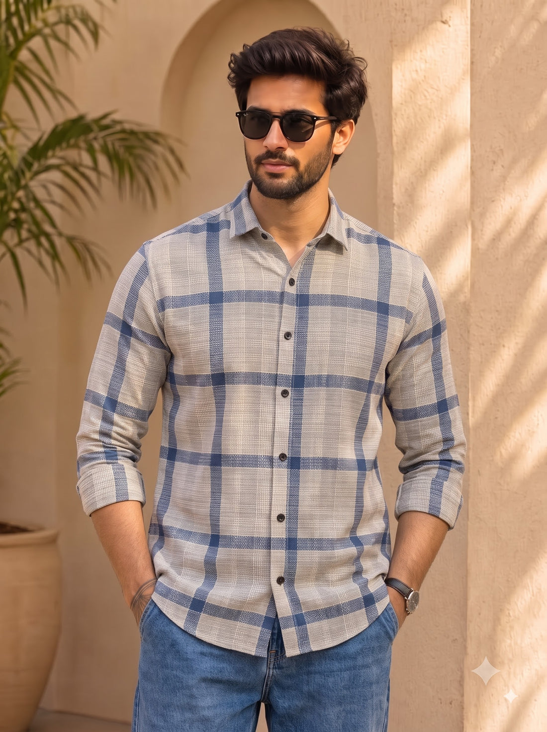 Men's Blue & Grey Check Casual Shirt | Long Sleeve Button-Down