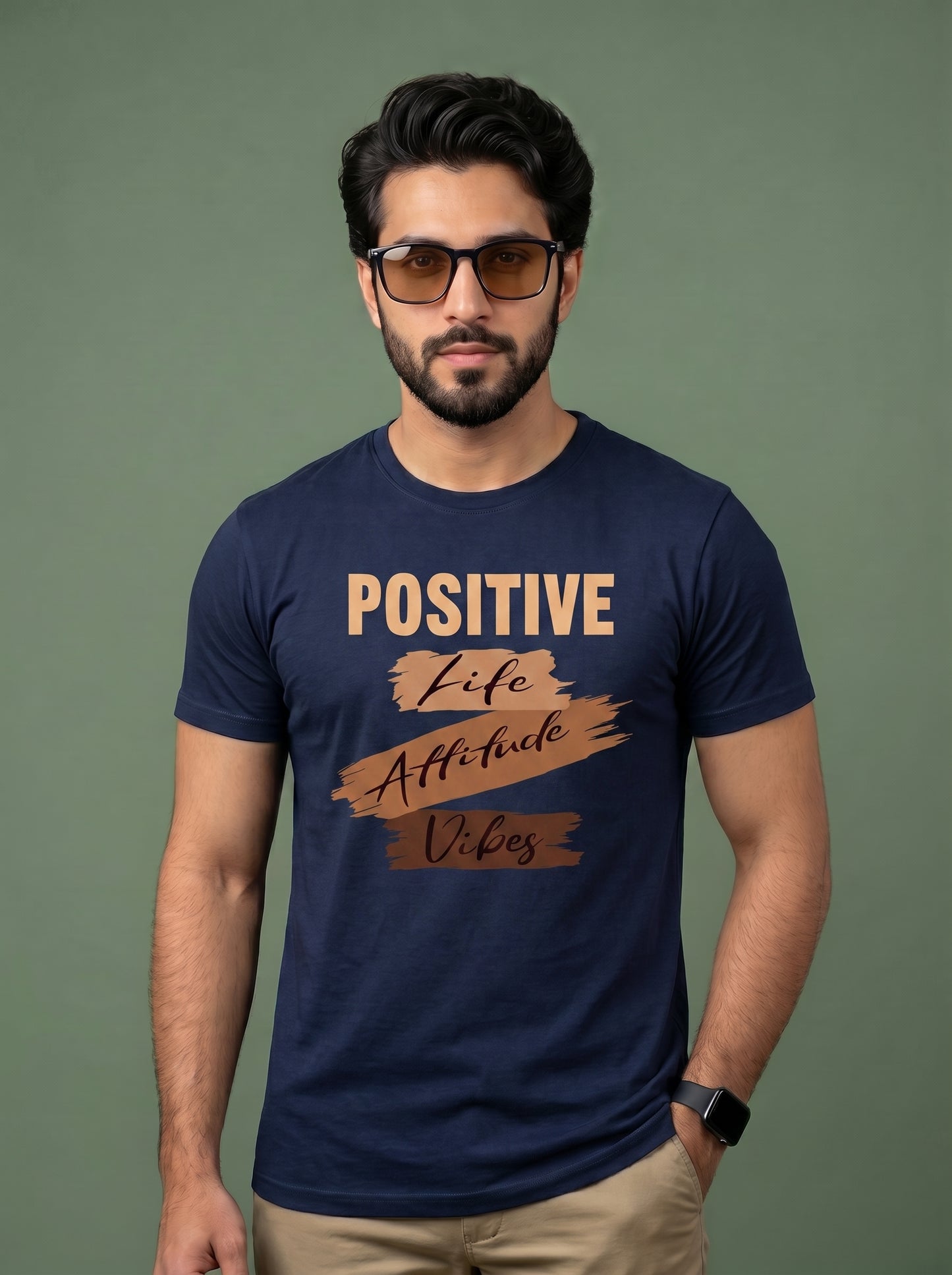 Evenway Men's Navy Blue Positive Life Attitude Vibes Graphic Printed Cotton Round Neck T-Shirt