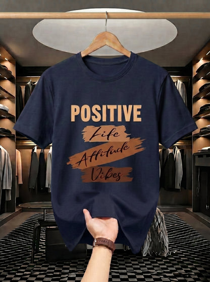 Evenway Men's Navy Blue Positive Life Attitude Vibes Graphic Printed Cotton Round Neck T-Shirt