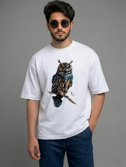Evenway Premium Artistic Owl Graphic Oversized Cotton Tee
