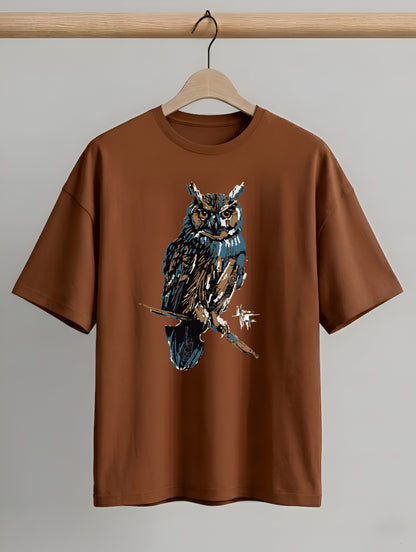 Evenway Premium Artistic Owl Graphic Oversized Cotton Tee
