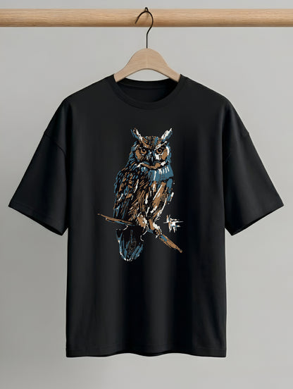 Evenway Premium Artistic Owl Graphic Oversized Cotton Tee