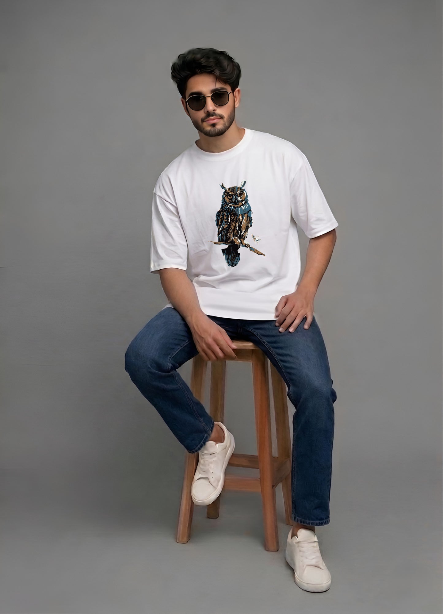 Evenway Premium Artistic Owl Graphic Oversized Cotton Tee